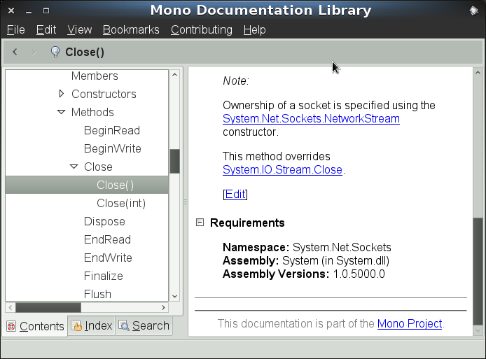 NetworkStream.Close -- notice only 1.0.5000.0 is a listed assembly version.